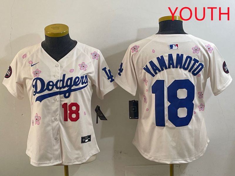 Youth Los Angeles Dodgers #18 Yamamoto Cream Sakura Edition 2025 Nike MLB Jersey style 15->youth mlb jersey->Youth Jersey
